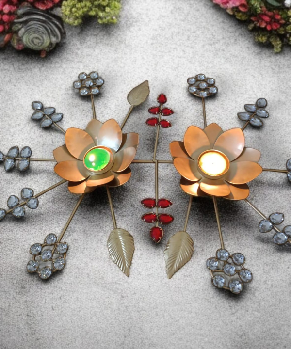 Lotus Metal Tealight Holder with Crystal Floral Design