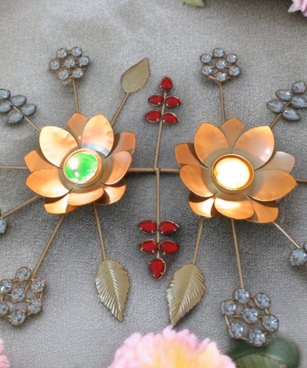 Lotus Metal Tealight Holder with Crystal Floral Design