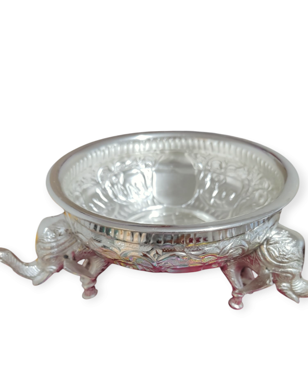 Silver Intricately Designed Uruli With Elephants