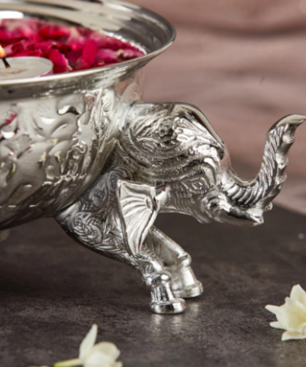 Silver Intricately Designed Uruli With Elephants