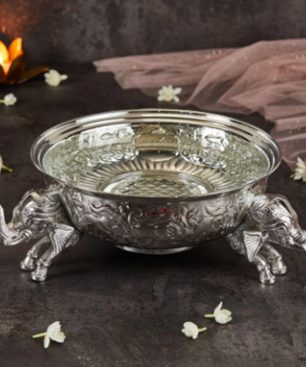 Silver Intricately Designed Uruli With Elephants