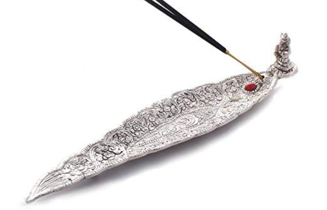 Leaf shaped silver finish Incense Stick Holder with Ganpati statue