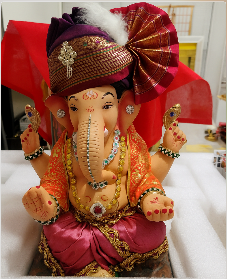 15" Eco-Friendly Clay Ganpati Idol : HandPainted,Diamond Work,Cloth Decoration