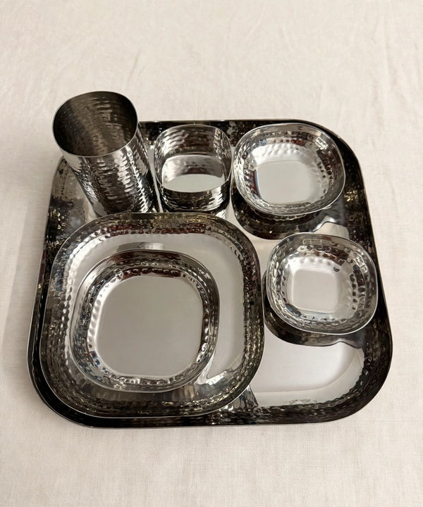 Stainless Steel Hammered Thali Set 6 Pcs