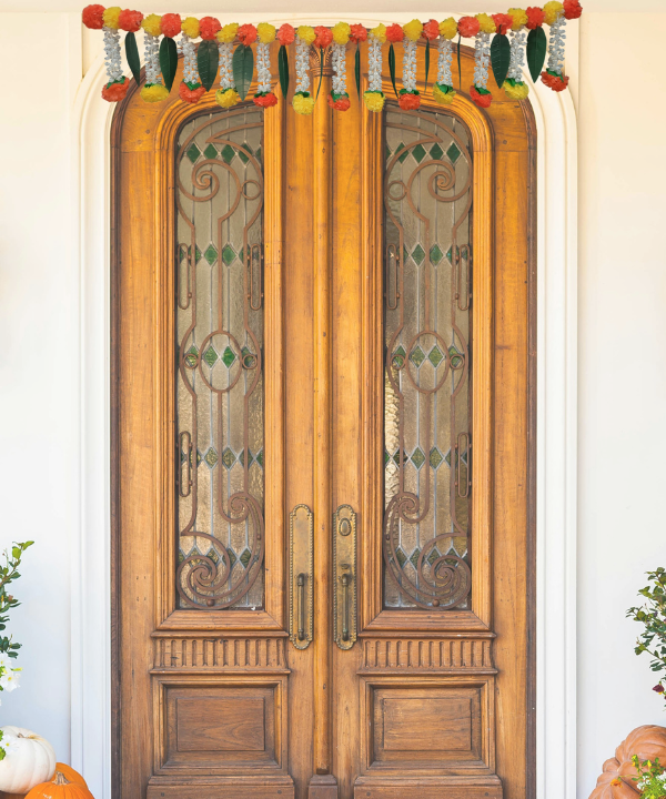 1Pc Artificial Marigold and Jasmine Toran with Mango Leaves, Door Hanging Decoration