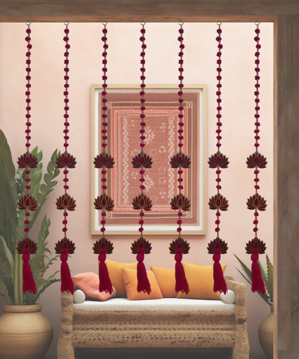 Red Lotus Hanging Toran String with Beads & Tassel – Traditional Indian Wall Decor 1Pair
