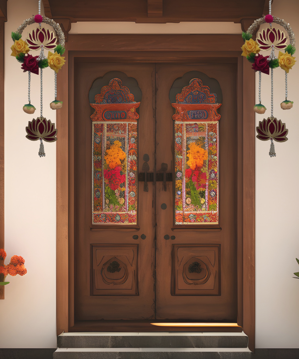 Decorative Lotus Floral Wall Hanging Latkan – Set of 2 | Handmade Door/Pooja Décor with Pearls & Artificial Roses