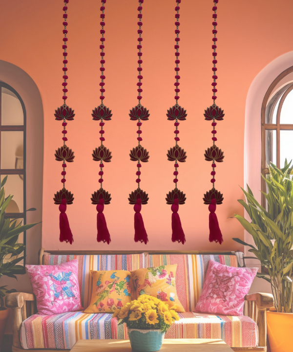 Red Lotus Hanging Toran String with Beads & Tassel – Traditional Indian Wall Decor 1Pair
