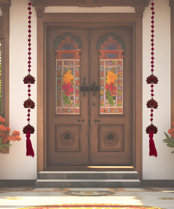 Red Lotus Hanging Toran String with Beads & Tassel – Traditional Indian Wall Decor 1Pair