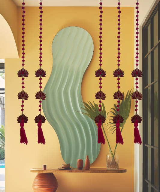 Red Lotus Hanging Toran String with Beads & Tassel – Traditional Indian Wall Decor 1Pair