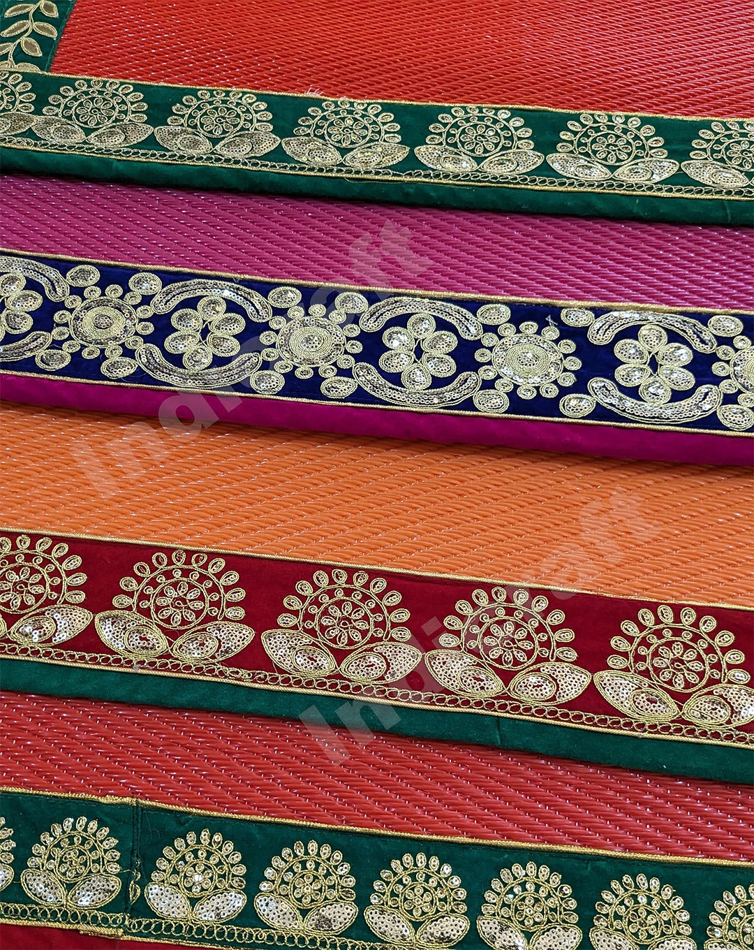 Red Nylon Handmade Chatai/Mat with Green & Golden sequins work on the Trim/Lace 72x48 (in inch)