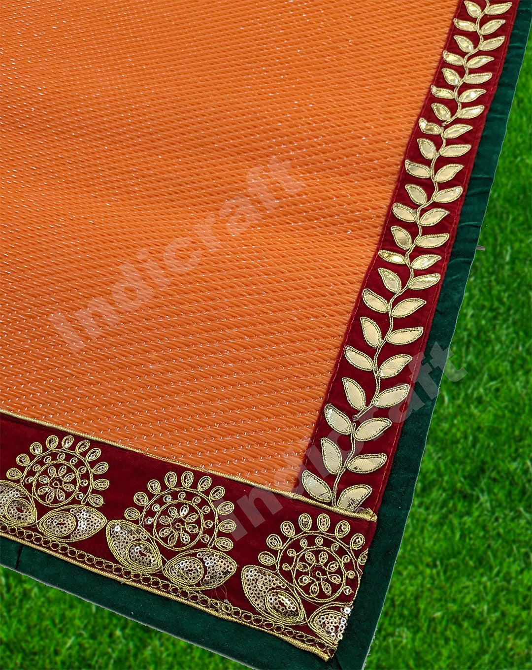 Red Nylon Handmade Chatai/Mat with Green & Golden sequins work on the Trim/Lace 72x48 (in inch)