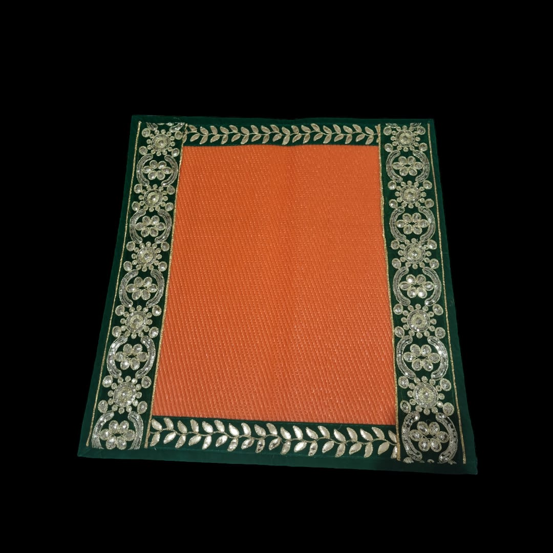 Orange Nylon Handmade Chatai/Mat with Green & Golden sequins work on the Trim/Lace 24x24 (in inch)