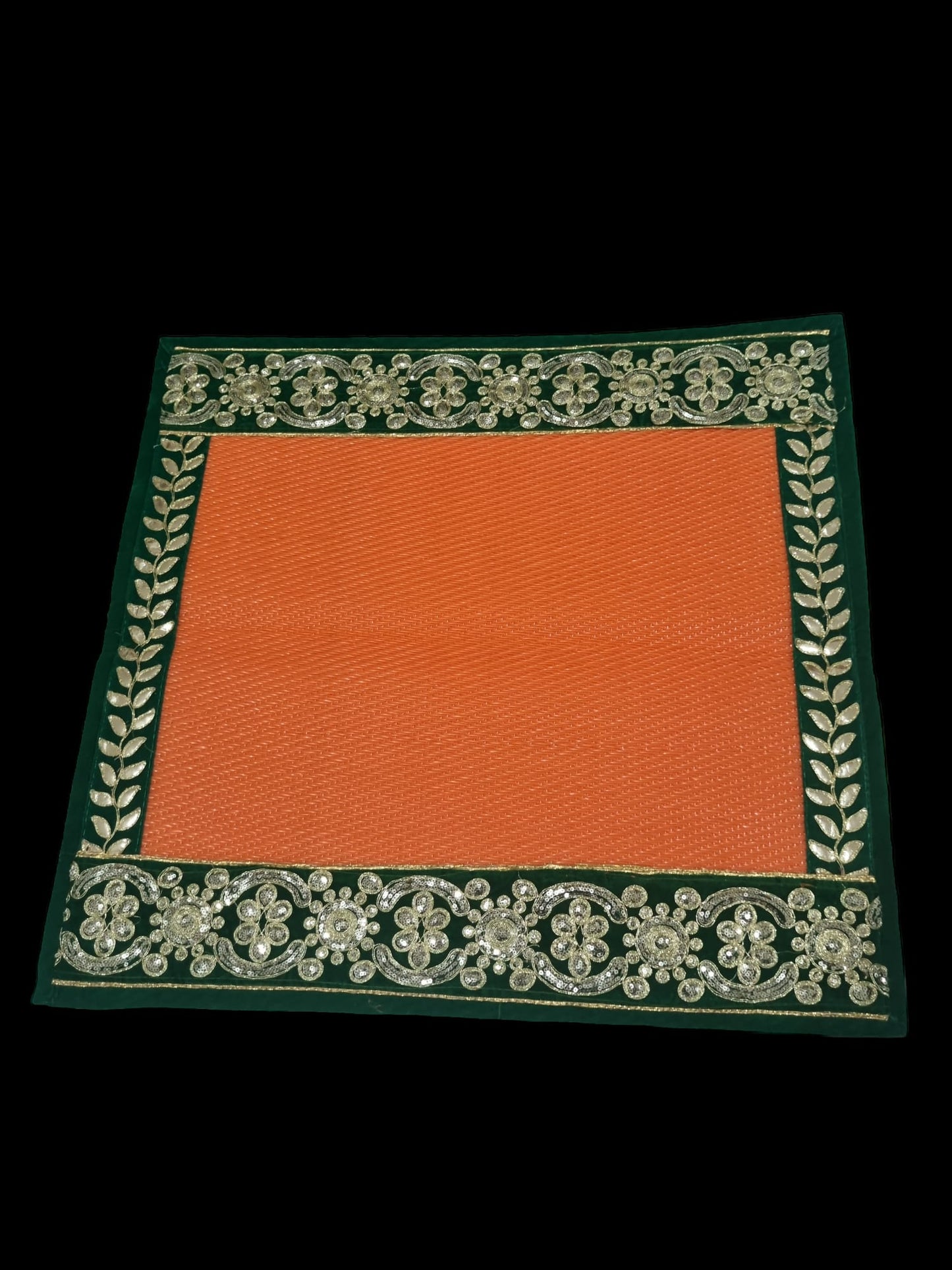 Orange Nylon Handmade Chatai/Mat with Green & Golden sequins work on the Trim/Lace 24x24 (in inch)