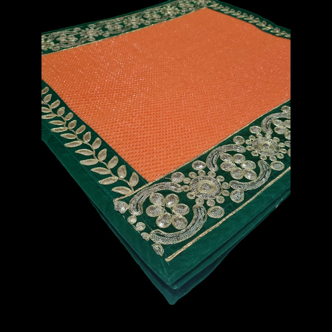 Orange Nylon Handmade Chatai/Mat with Green & Golden sequins work on the Trim/Lace 24x24 (in inch)