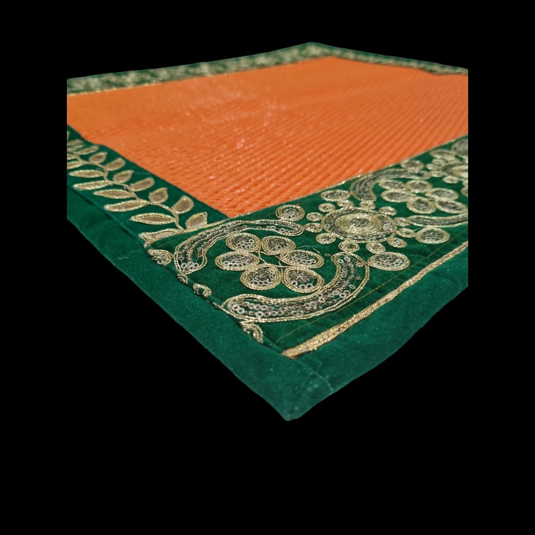 Orange Nylon Handmade Chatai/Mat with Green & Golden sequins work on the Trim/Lace 24x24 (in inch)