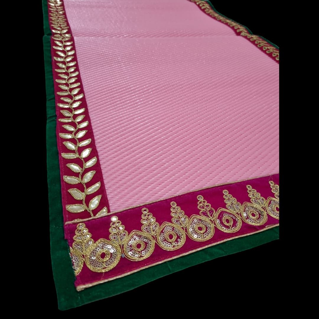 Pink Nylon Handmade Chatai/Mat with Green, Pink & Golden sequins work on the Trim/Lace 48x24 (in inch)