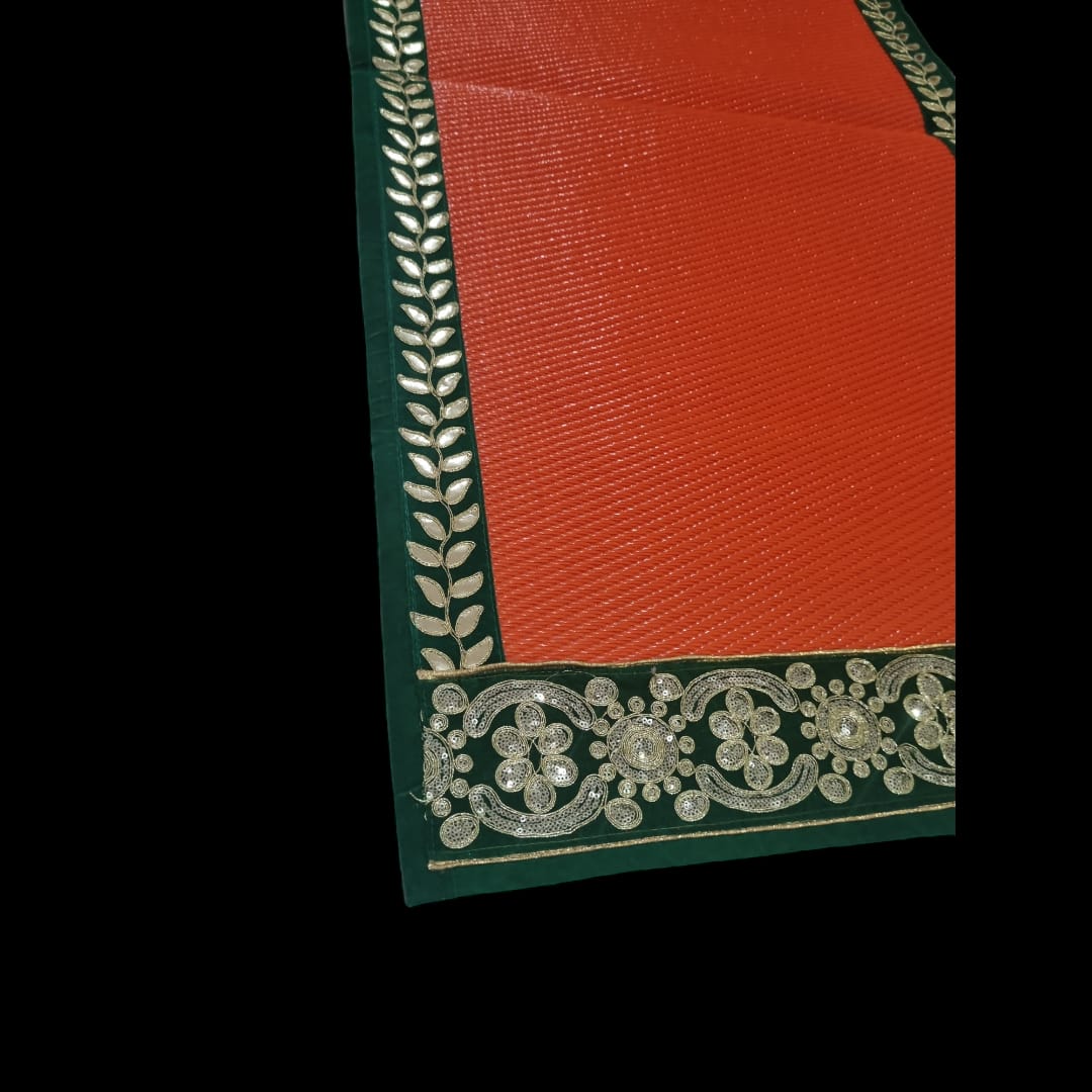 Orange Nylon Handmade Chatai/Mat with Green & Golden sequins work on the Trim/Lace 48x24 (in inch)