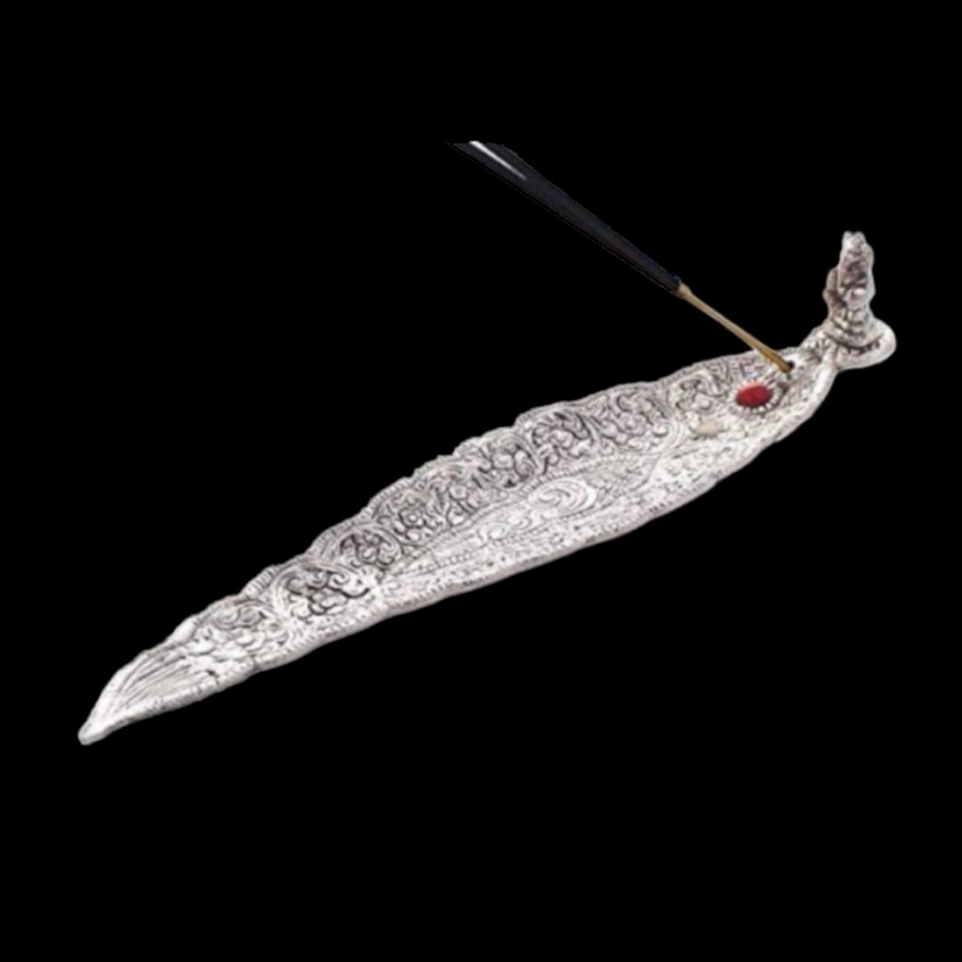 Leaf shaped silver finish Incense Stick Holder with Ganpati statue