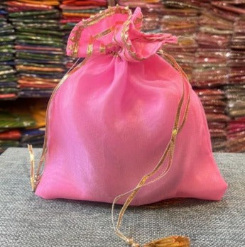 1 Pc Pink with Golden Lace Gift Bag Jewellery/ Gift Potli