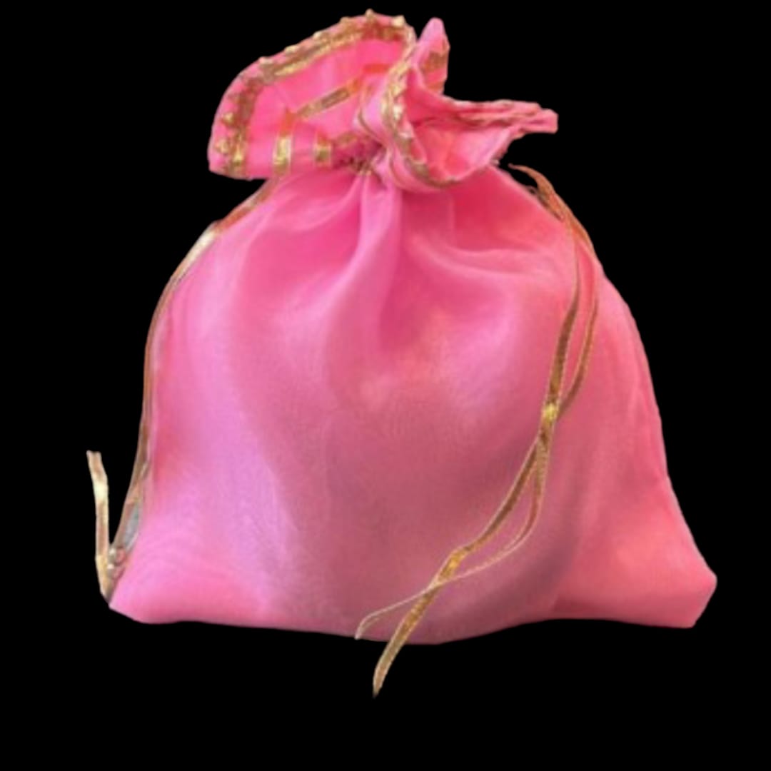 1 Pc Pink with Golden Lace Gift Bag Jewellery/ Gift Potli