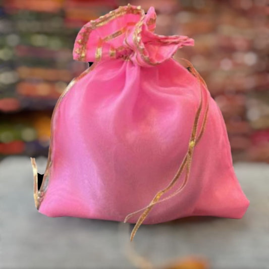 1 Pc Pink with Golden Lace Gift Bag Jewellery/ Gift Potli