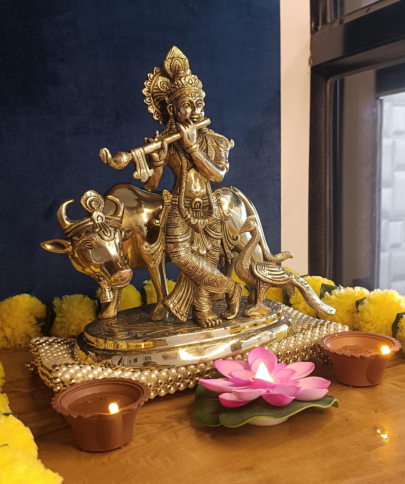 Lord Krishna with Cow & Peacock Statue