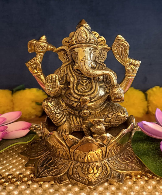 Ganesha Sitting on Lotus Statue - Height - 5 inch
