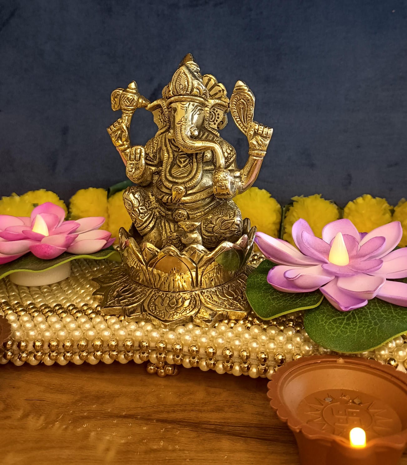 Ganesha Sitting on Lotus Statue - Height - 5 inch