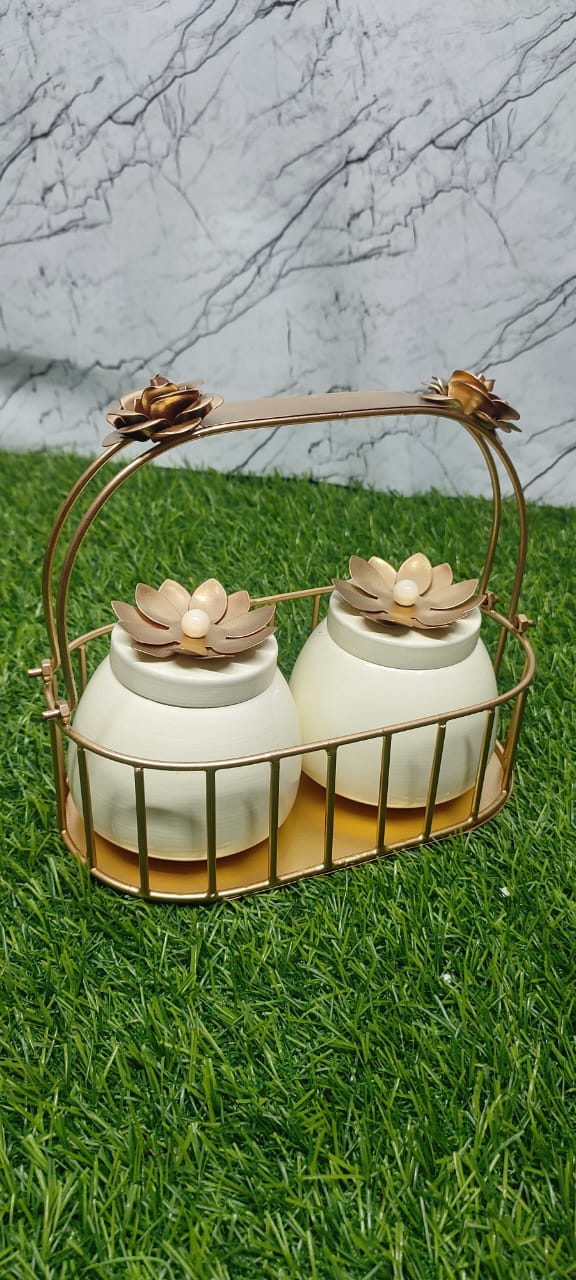 Metal Basket with Two jar , Dry Fruit Jar set