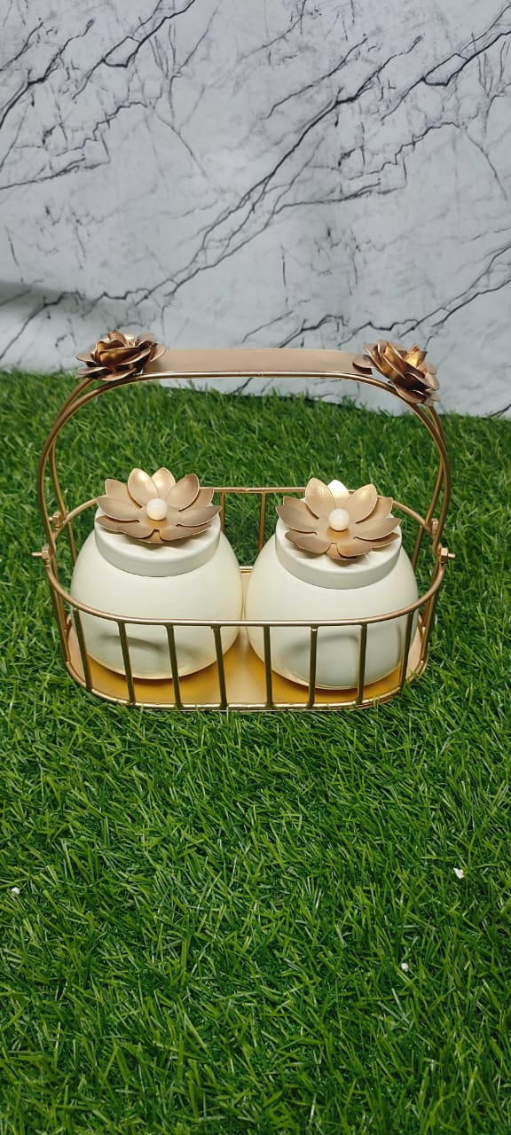 Metal Basket with Two jar , Dry Fruit Jar set