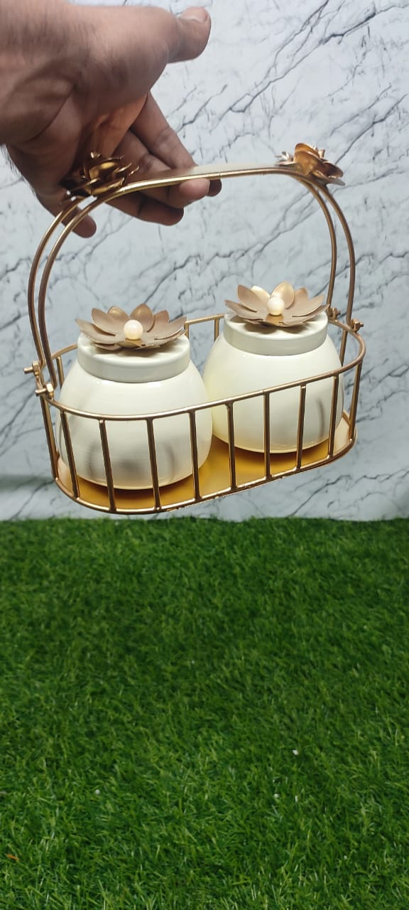 Metal Basket with Two jar , Dry Fruit Jar set