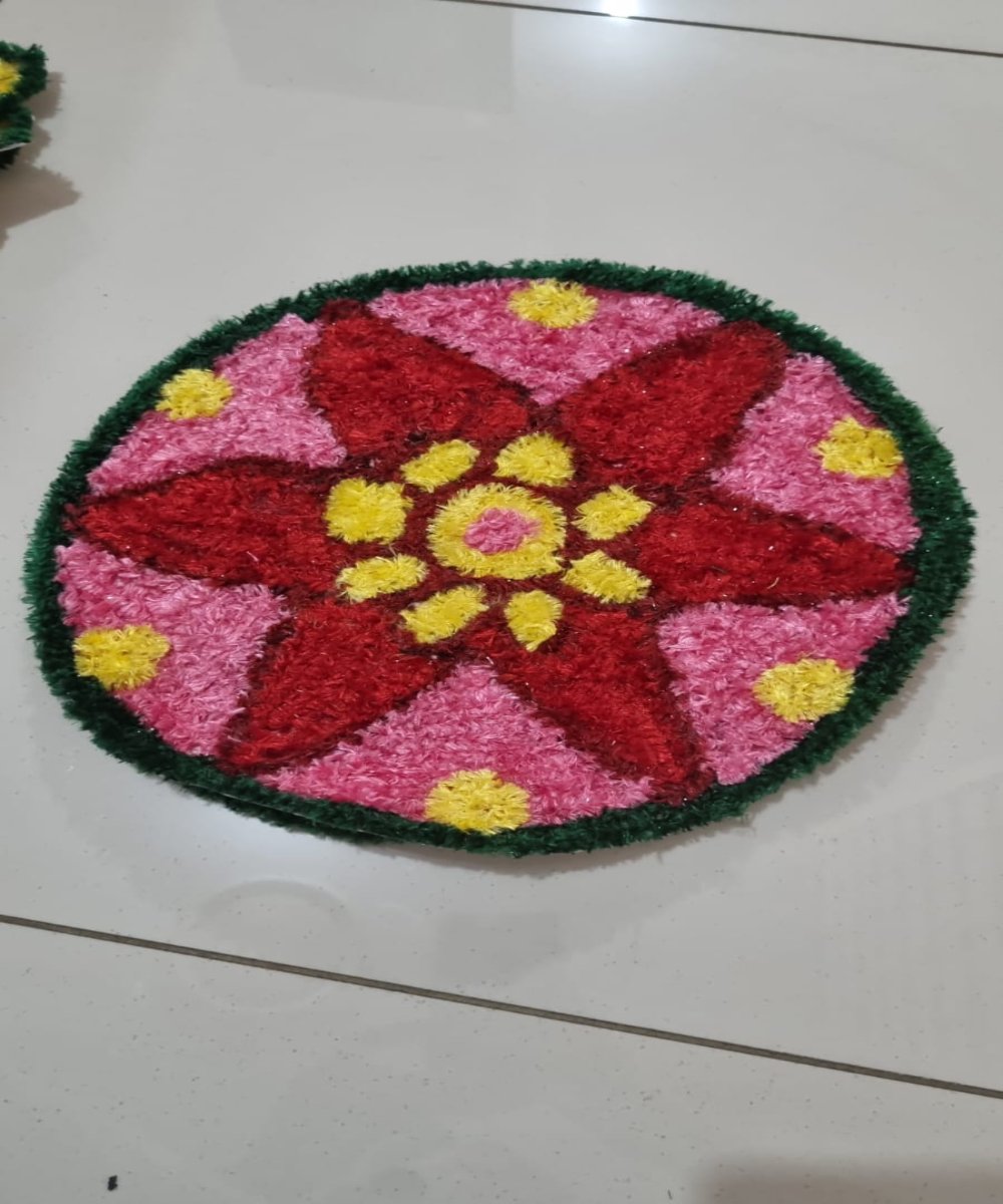 Pink Red with Green Border Rangoli Mat 1 Ft