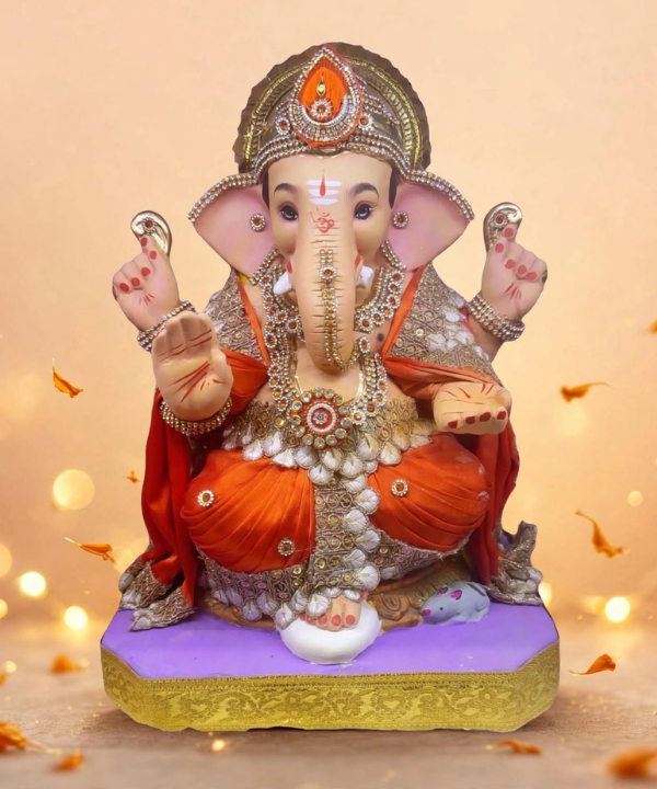 15 Inch Clay Shahi Vastra Ganpati Idol - Royal Orange Cloth & Diamond Work