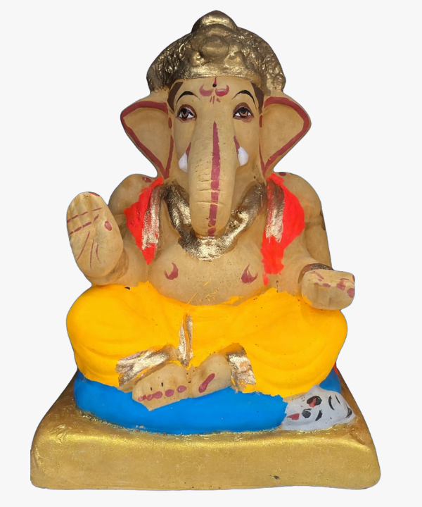 6 Inch Clay Ganesha Idol - Yellow Dhoti with Golden Mukut