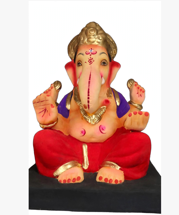 8 Inch Clay Ganesha Idol - Golden Mukut with Red Dhoti