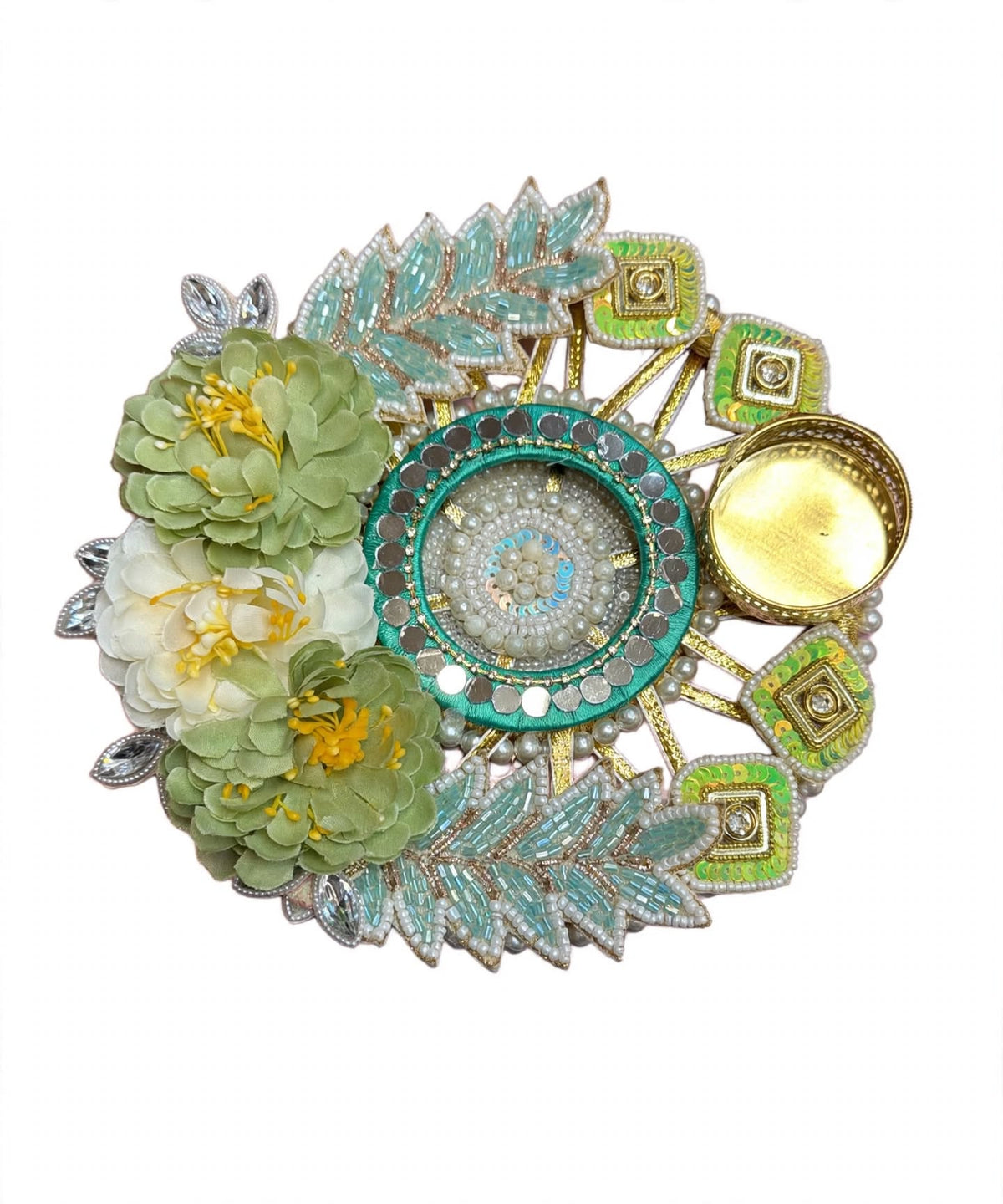 Designer Green Flower Pearl Tealight Holder