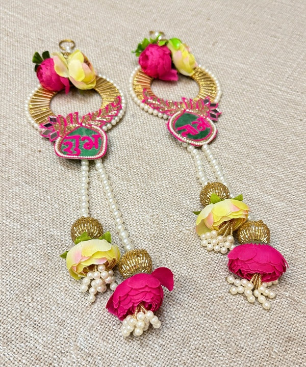 Pink Yellow Rose Shubh Labh Wall Hanging Pair