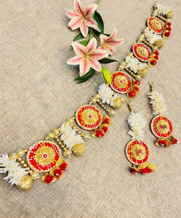 Red Gold Gota Patti Toran with White Gajra Flower