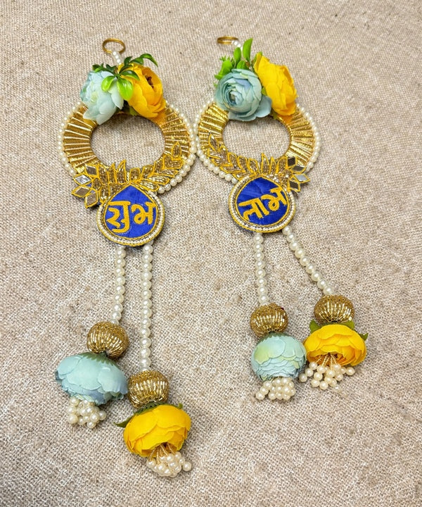 Yellow Blue Rose Shubh Labh Wall Hanging Pair