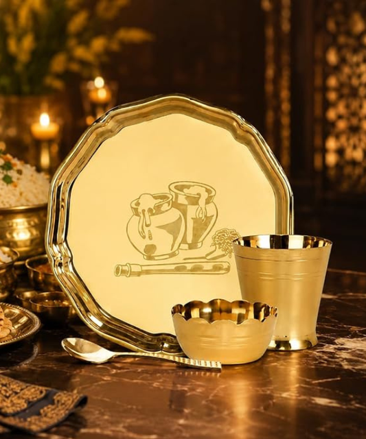 Brass Laddu Gopal Bhog Thali Set 4 Pcs with Plate Bowl Glass Spoon