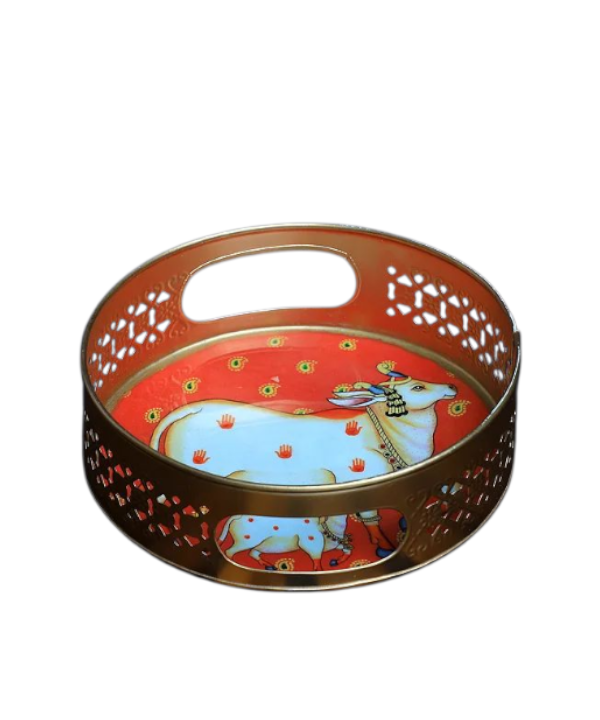 Small Round Metal Trays With Pichwai Art, Nandi Cow Design Home Decor
