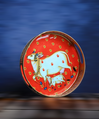 Small Round Metal Trays With Pichwai Art, Nandi Cow Design Home Decor