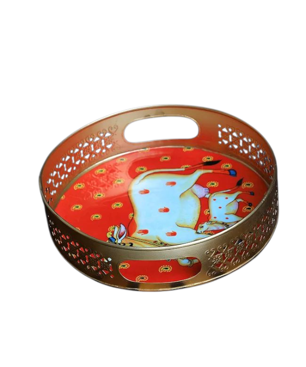 Small Round Metal Trays With Pichwai Art, Nandi Cow Design Home Decor
