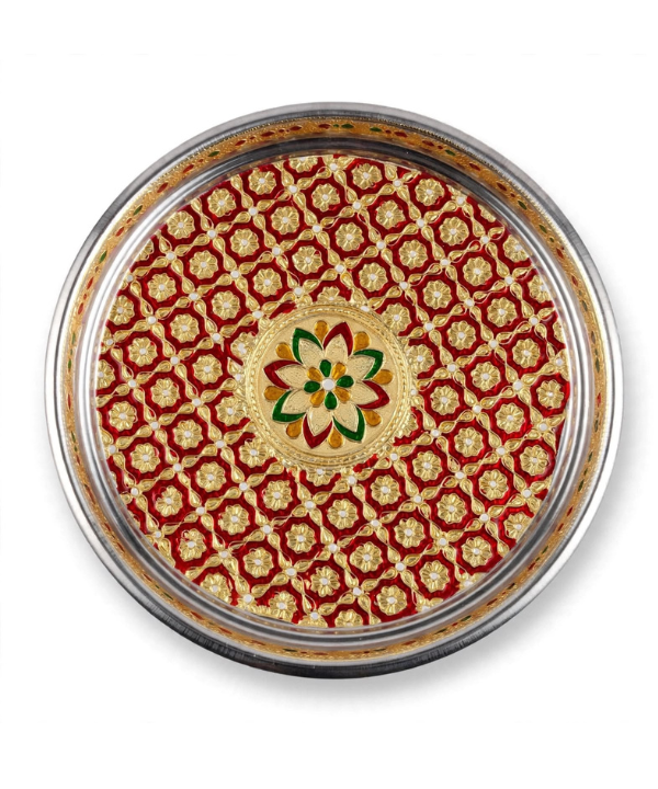 Meenakari Decorative Pooja Thali (Available in Red, Pink, Pista Green & Yellow)