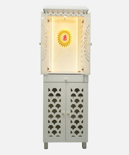 White Wooden Temple with Bells & Storage with Lights & Carved Doors