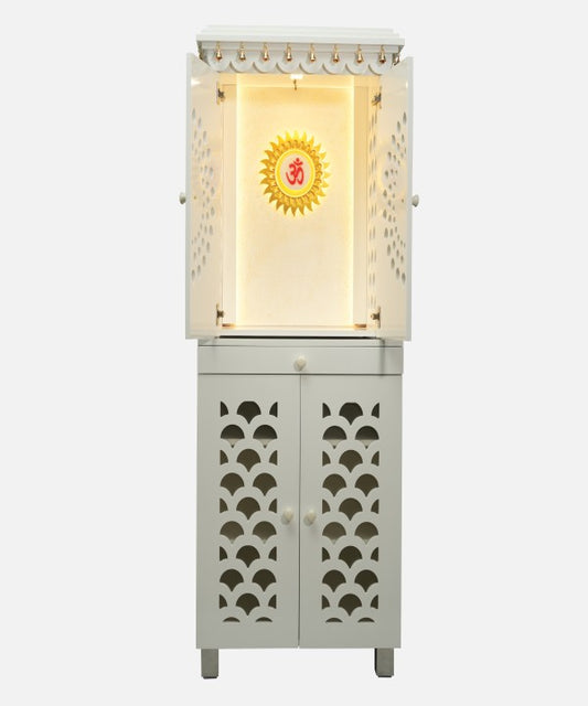 White Wooden Temple with Bells & Storage with Lights & Carved Doors