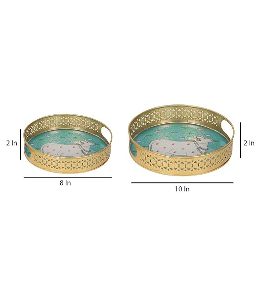 Set Of Exquisite Round Metal Trays With Pichwai Art, Nandi Cow Design Home Decor