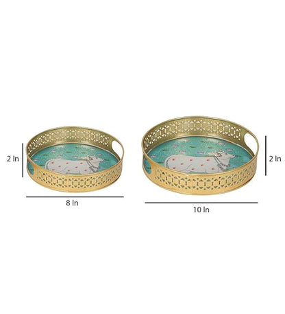 Set Of Exquisite Round Metal Trays With Pichwai Art, Nandi Cow Design Home Decor