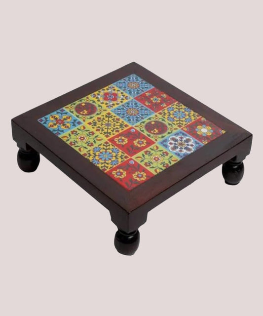 Wooden Pooja Chowki/Multicolor Puja Chowki/Tiles Chowki/Handcrafted Bajot/Puja Stool/Handmade Chowki/Wooden Handmade Bajot/Puja Bajot